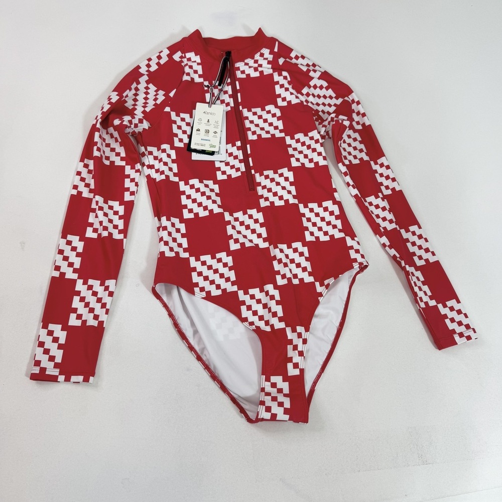 Perfect Moment Swimsuit Womens Medium Red Blocheck Long Sleeve 1/2 Zip One Piece